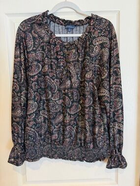 Democracy Black Paisley Long-Sleeve Peasant Top with Pink & Cream Accents